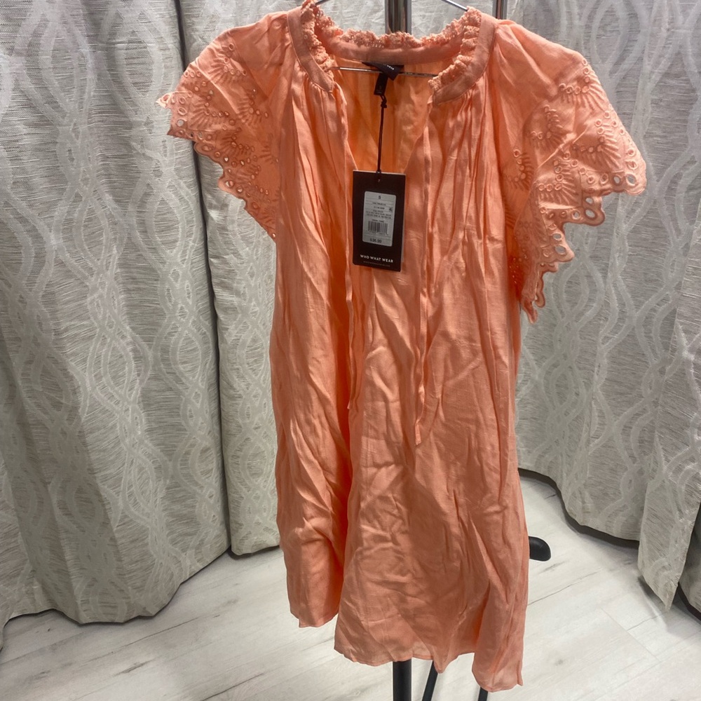 Who What Wear Coral Eyelet Midi Dress
